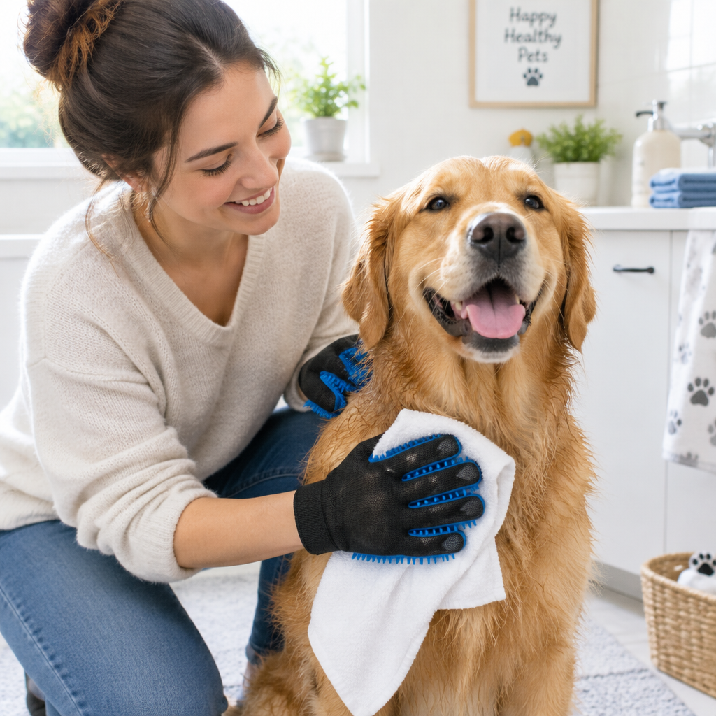 Person wearing pet grooming gloves gently wiping down a happy clean dog