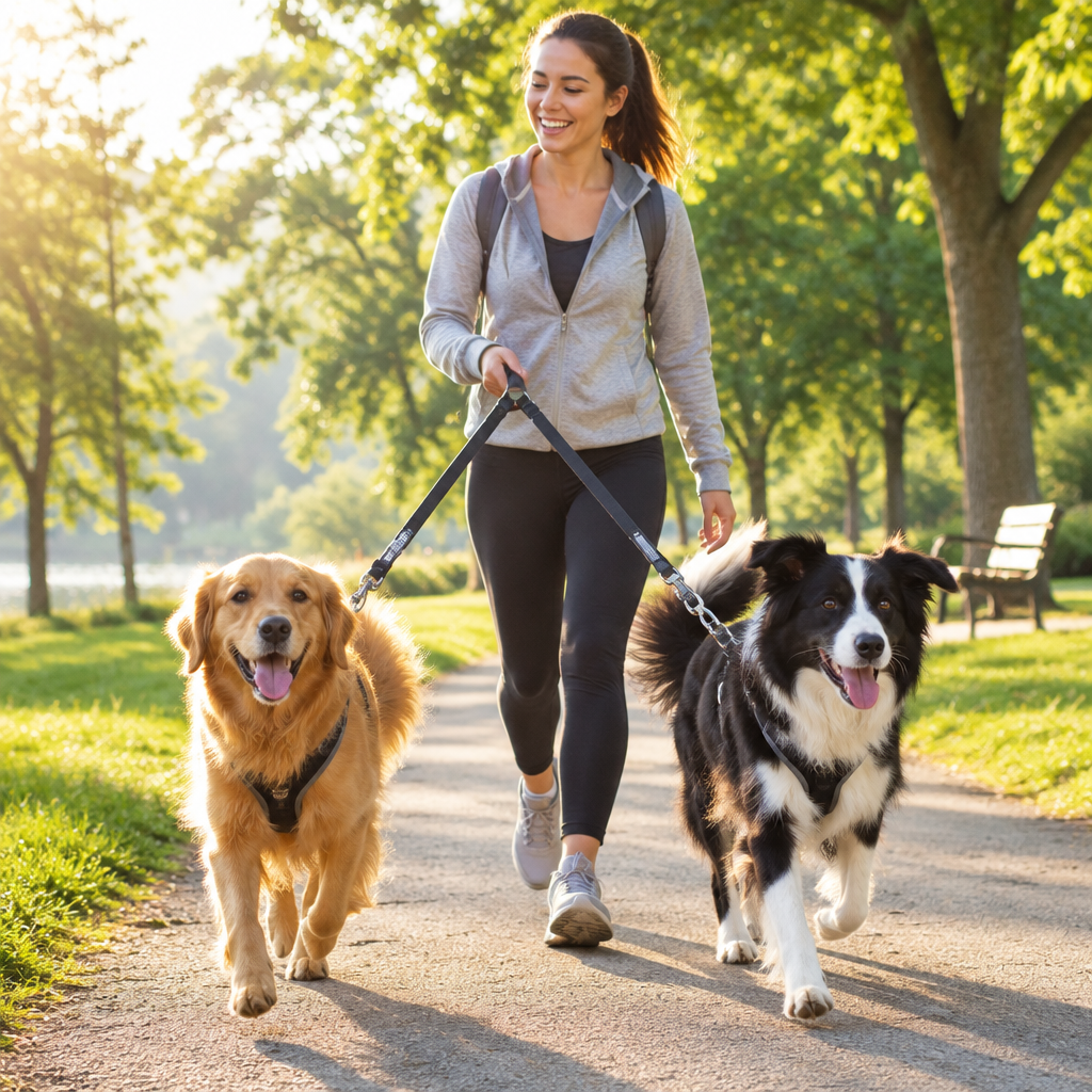Happy person walking two dogs on a double leash in a sunny park