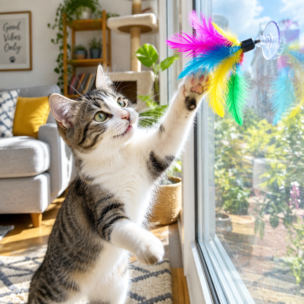 Playful cat swatting at a colorful feather teaser toy stuck to a window in a sunny living room