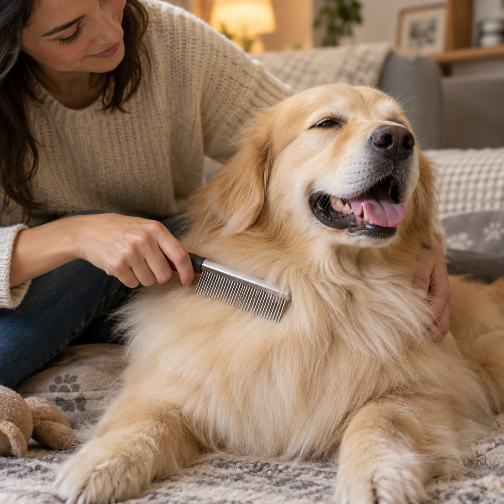 Person gently combing through a fluffy dog's coat, dog looking relaxed with smooth tangle-free fur