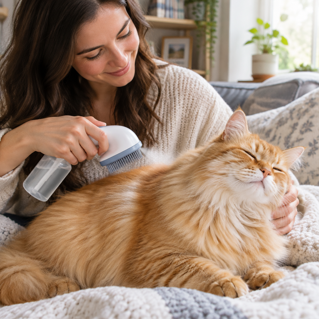 Woman gently brushing her fluffy cat with a spray brush, cat looking relaxed with shiny coat