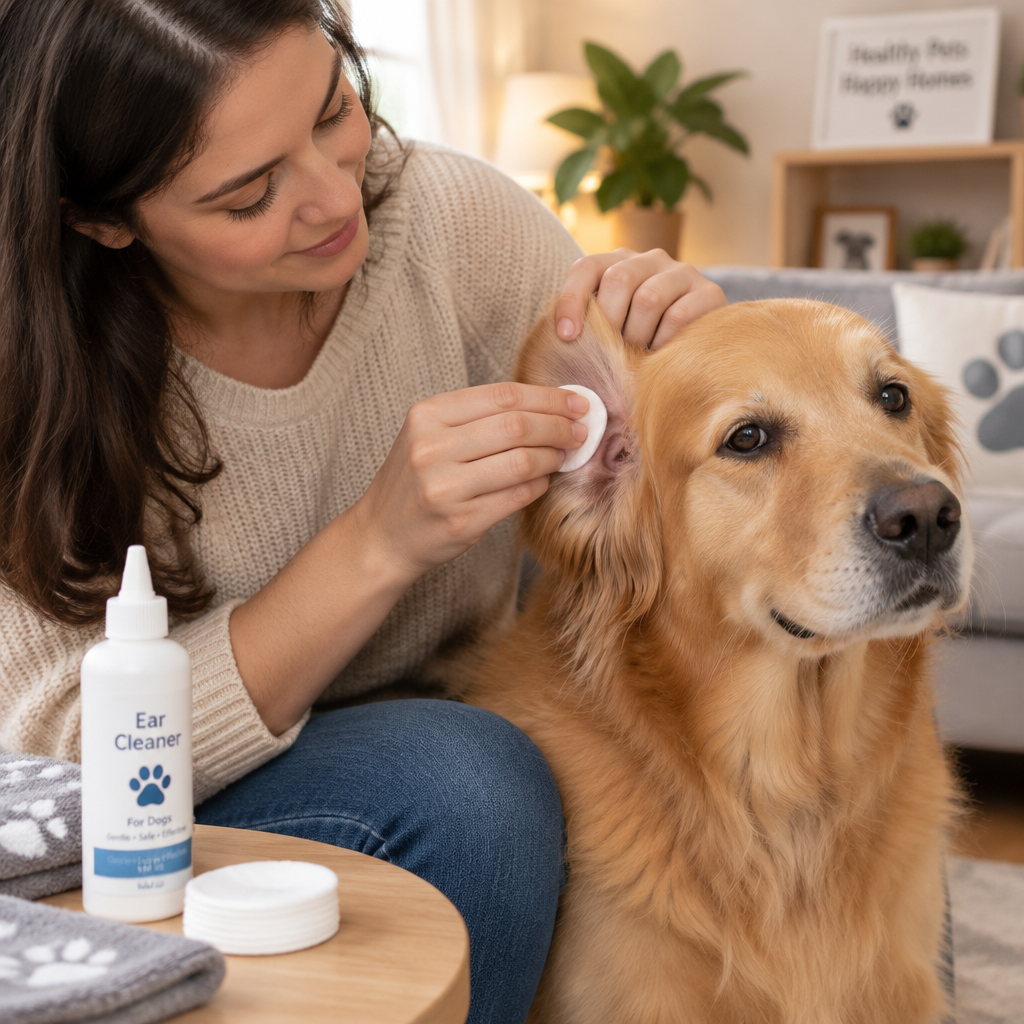 Person gently cleaning a dog's ear at home, dog sitting calmly and trusting