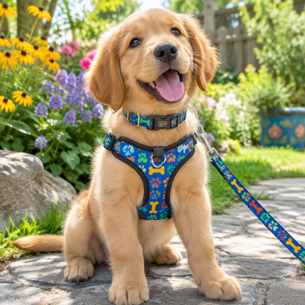 Adorable puppy wearing a colorful nylon collar and harness with matching leash, sitting happily in a sunny garden