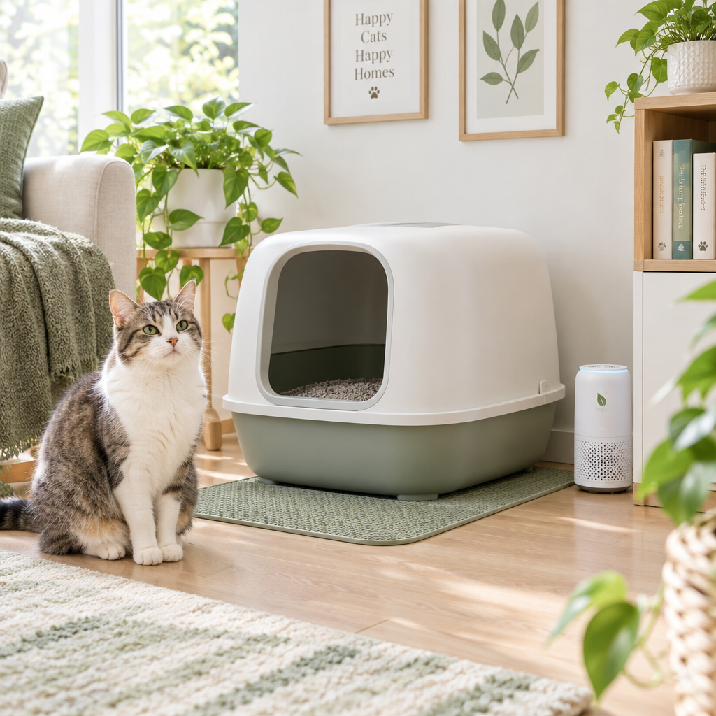 Clean modern home with a happy cat near a tidy litter area, fresh and bright atmosphere